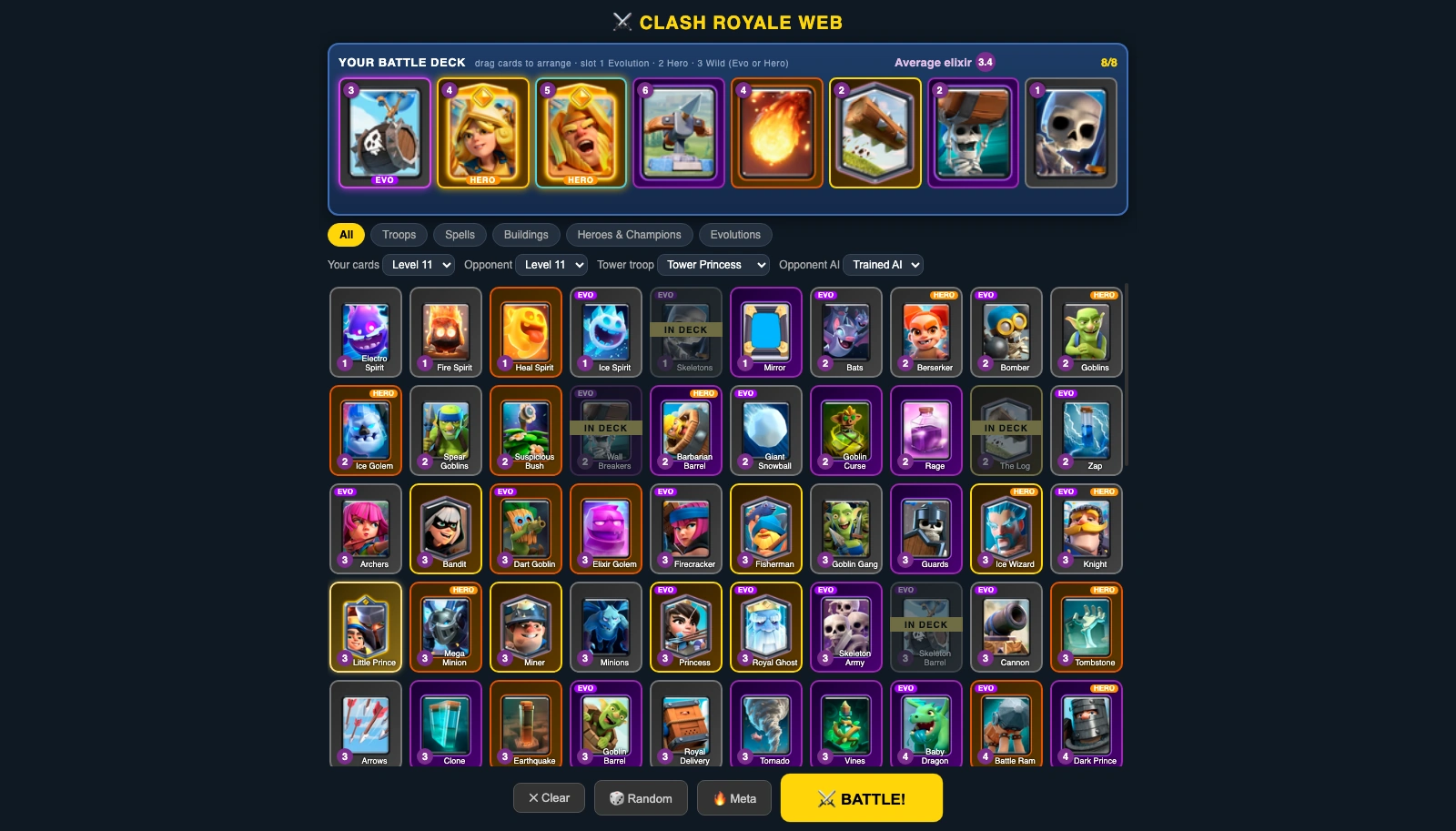 CR Simulator deck builder screenshot